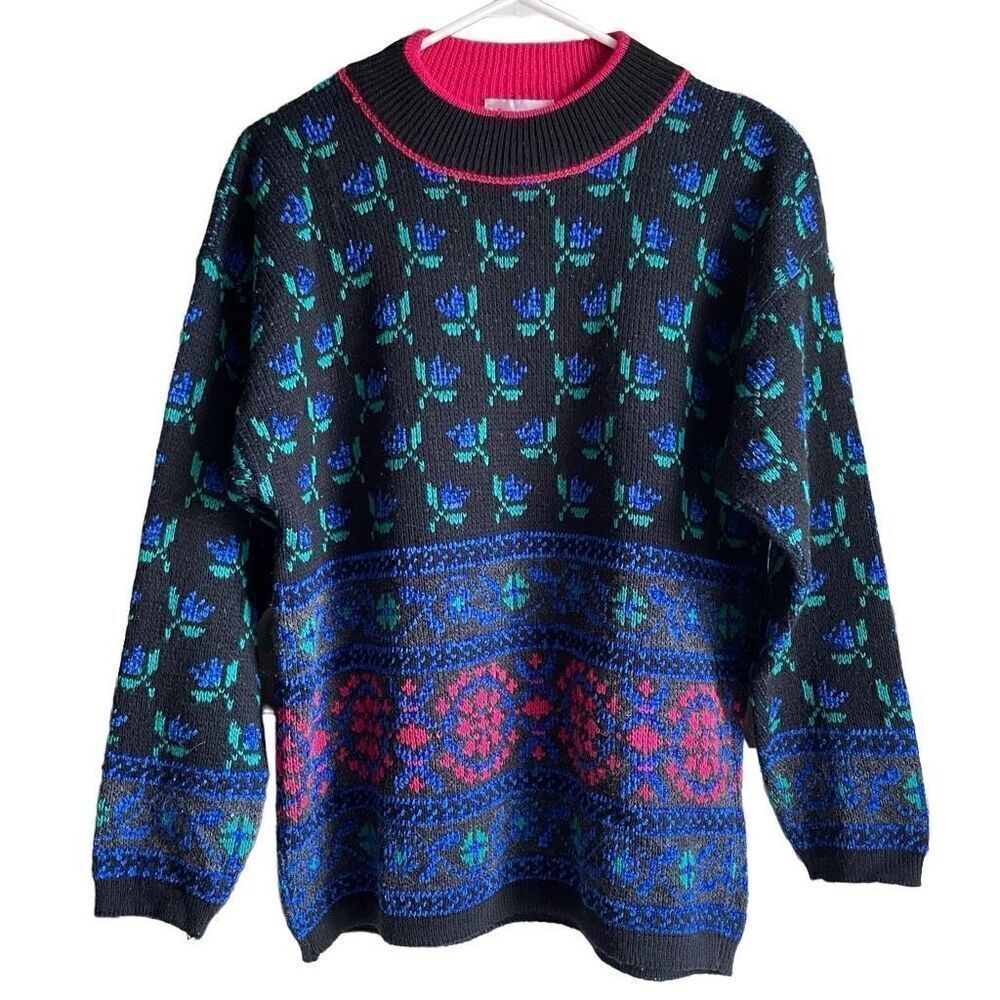 Vtg Tarazzia Womens Acrylic Wool Blend Sweater M Florala Mockneck Blue Roses